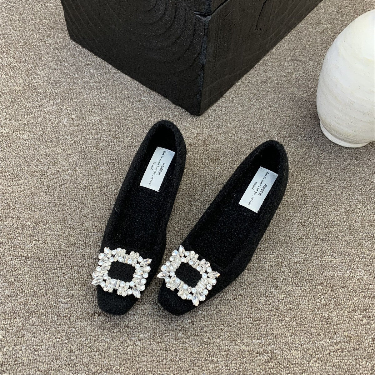 Autumn And Winter 2024 New Rhinestone Square Buckle Flat Shoes Socialite Temperament Fashion Shallow Mouth Fleece-lined Warm Cotton Shoes Women