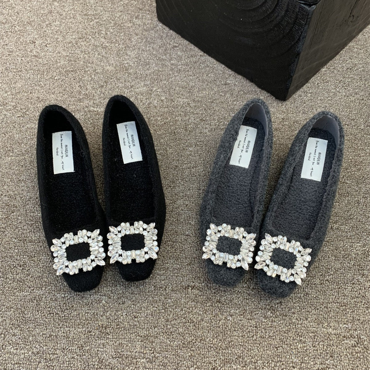 Autumn And Winter 2024 New Rhinestone Square Buckle Flat Shoes Socialite Temperament Fashion Shallow Mouth Fleece-lined Warm Cotton Shoes Women